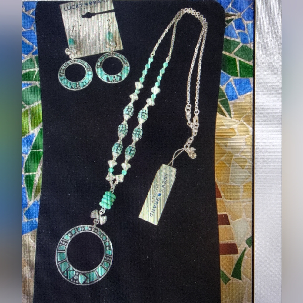 Lucky Brand Semi-Precious Silver and Turquoise Necklace & Hoop Earrings